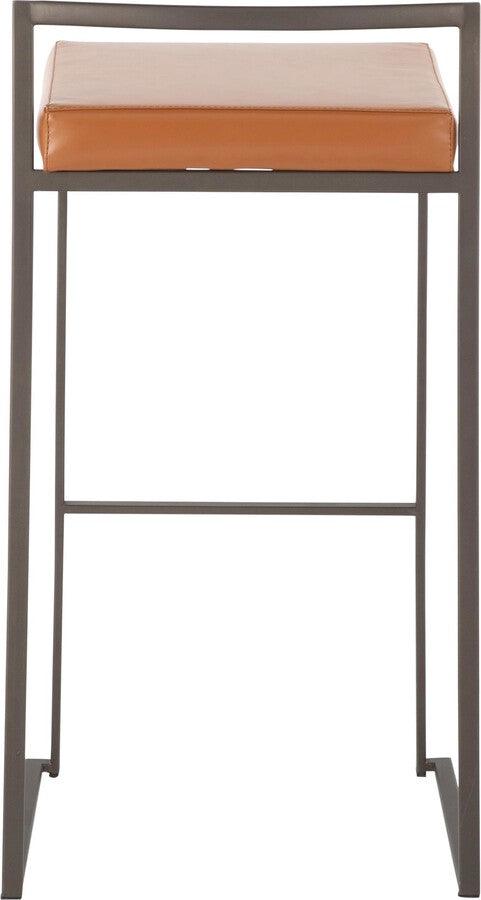 Lumisource Barstools - Fuji Industrial Stackable Barstool in Antique with Camel Faux Leather Cushion - Set of 2