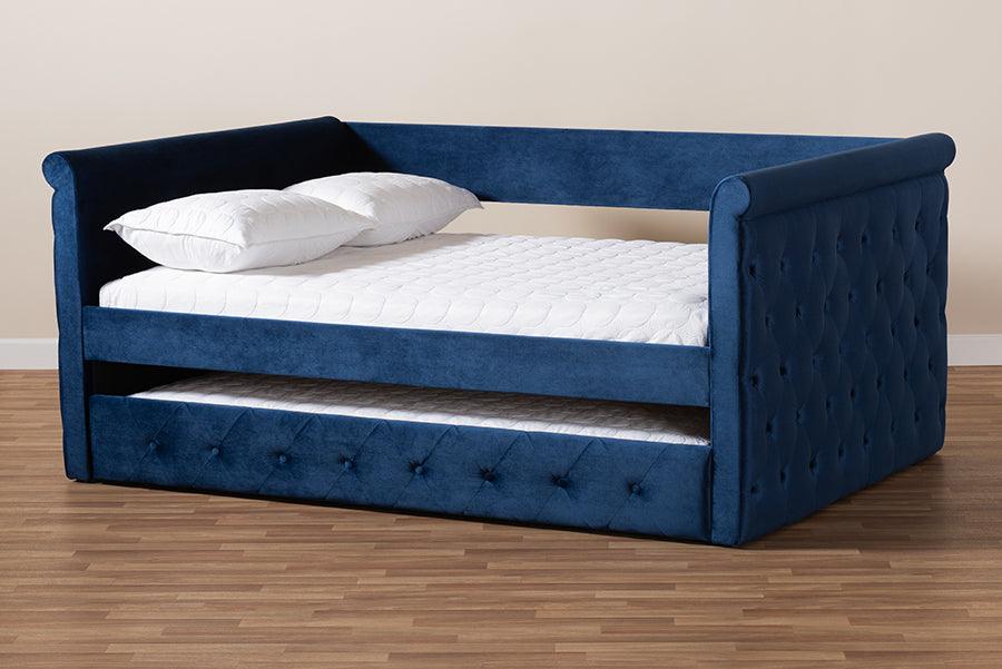 Wholesale Interiors Daybeds - Amaya Modern and Contemporary Blue Velvet Queen Size Daybed with Trundle