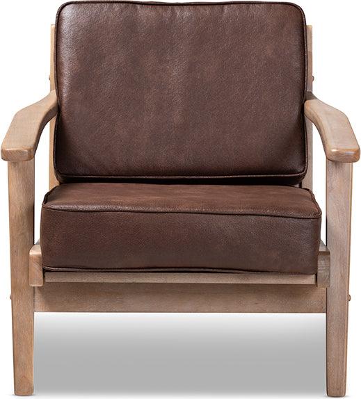Wholesale Interiors Accent Chairs - Sigrid Dark Brown Faux Leather Effect Fabric Upholstered Antique Oak Finished Wood Armchair