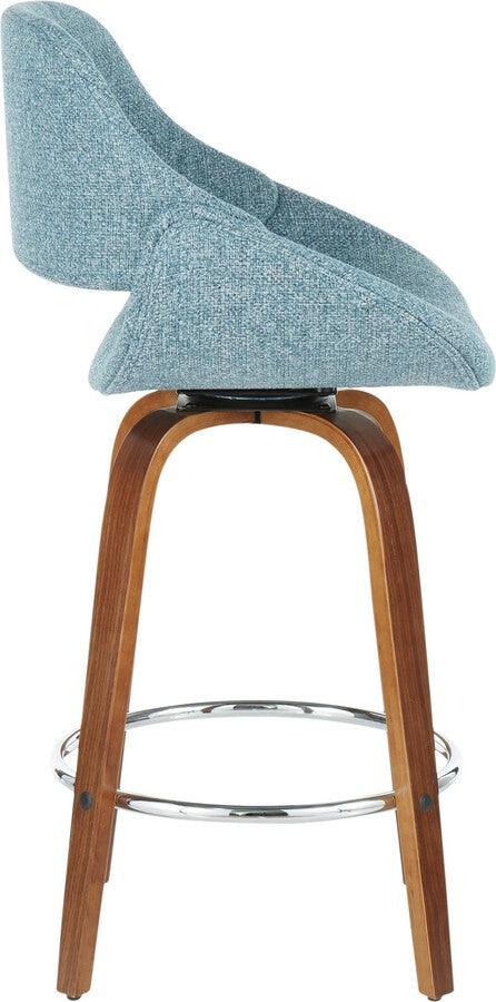 Lumisource Barstools - Fabrico Mid-Century Modern Counter Stool Walnut and Blue Noise Fabric (Set of 2)