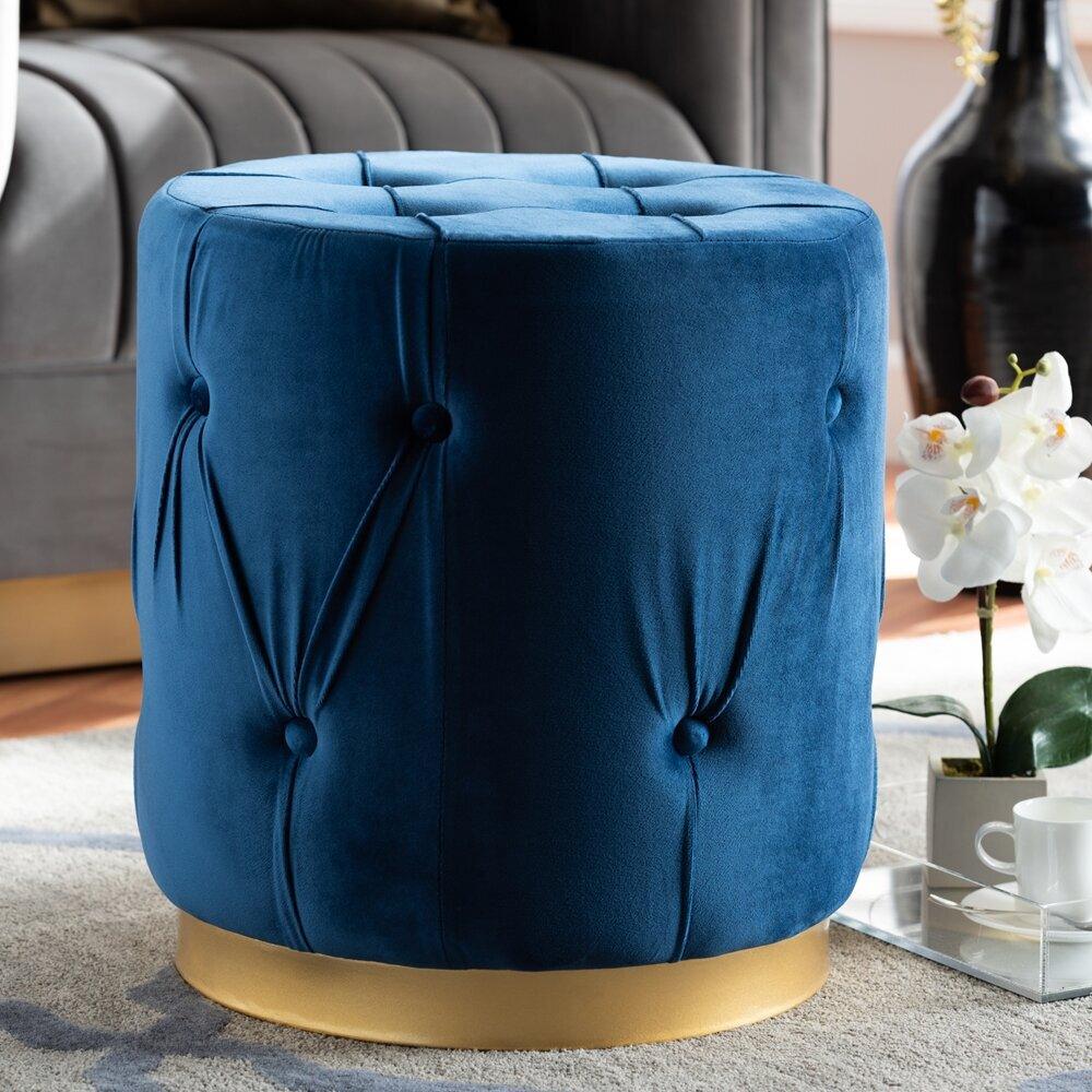Wholesale Interiors Ottomans & Stools - Rummer Upholstered Ottoman Navy Blue And Gold