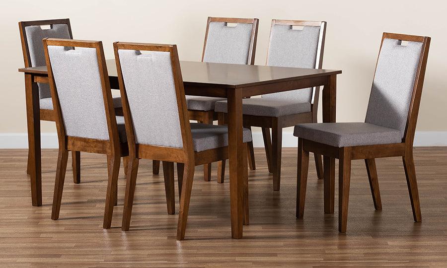Wholesale Interiors Dining Sets - Rosa Grey Fabric Upholstered and Walnut Brown Finished Wood 7-Piece Dining Set