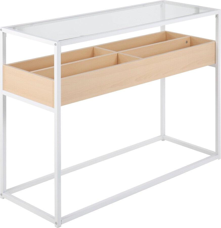 Lumisource Consoles - Display Contemporary Console Table In White Metal, Natural Wood, & Clear Glass