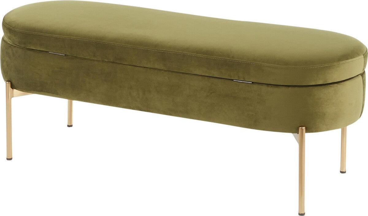 Lumisource Benches - Chloe Contemporary/Glam Storage Bench in Gold Metal and Green Velvet