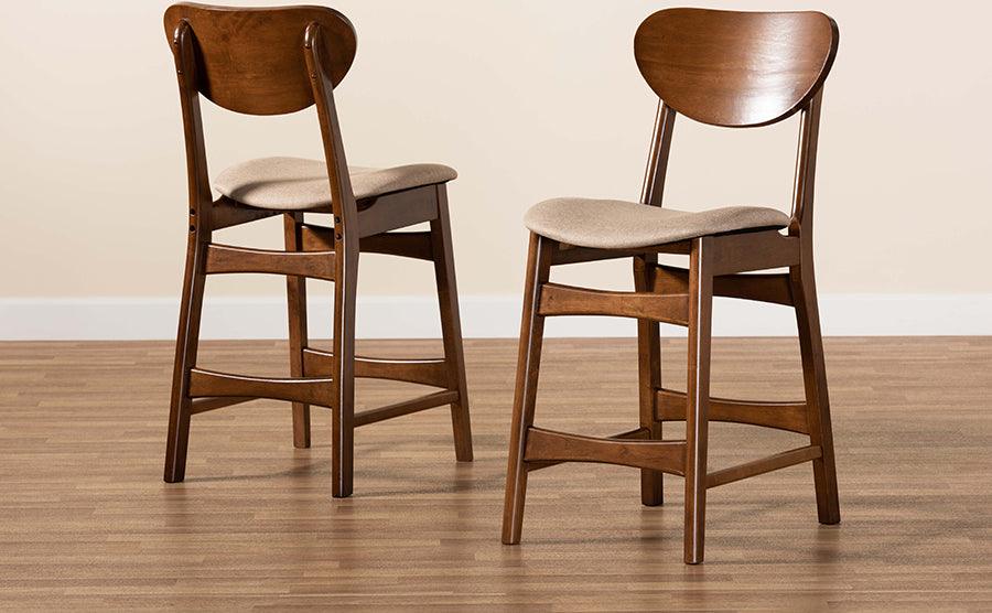Wholesale Interiors Barstools - Katya Mid-Century Modern Sand Fabric and Brown Wood 2-Piece Counter Stool Set