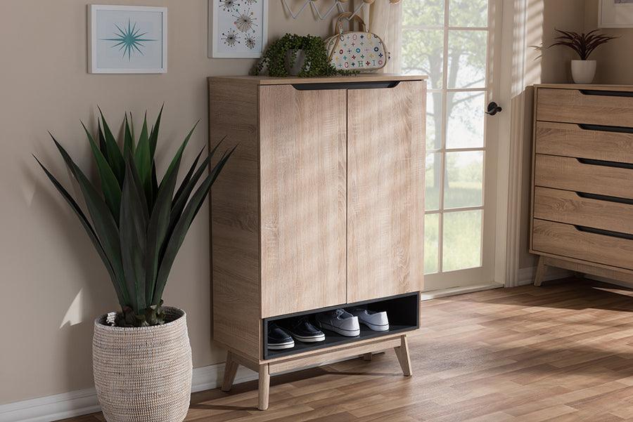 Wholesale Interiors Shoe Storage - Fella Mid-Century Modern Two-Tone Oak and Gray Wood Shoe Cabinet