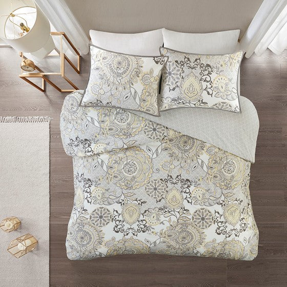 Olliix.com Duvet & Duvet Sets - 3 Piece Cotton Floral Printed Reversible Duvet Cover Set Yellow Cal King