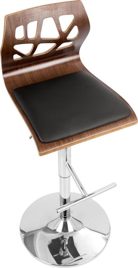 Lumisource Barstools - Folia Adjustable Barstool With Swivel In Chrome, Walnut Wood & Black Faux Leather (Set of 2)