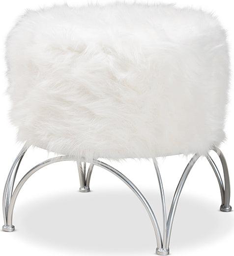 Wholesale Interiors Ottomans & Stools - Celia Modern And Contemporary White Faux Fur Upholstered Silver Metal Ottoman
