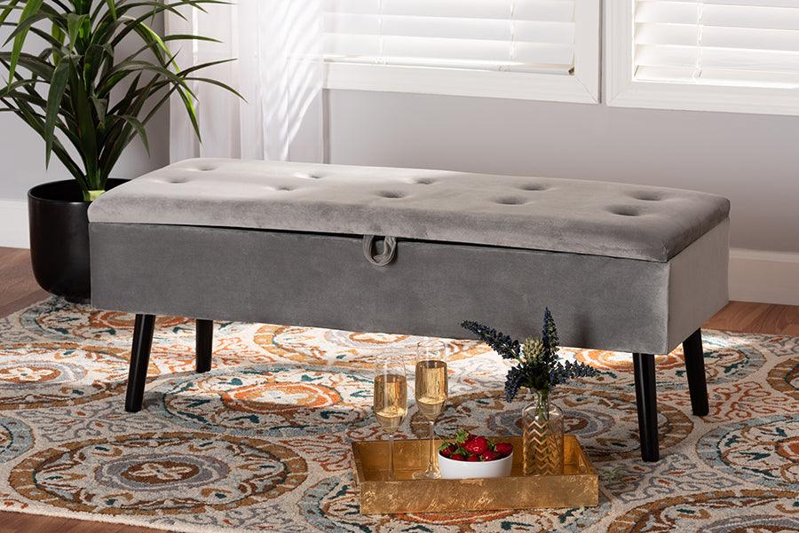 Wholesale Interiors Benches - Caine Modern and Contemporary Grey Velvet and Dark Brown Wood Storage Bench