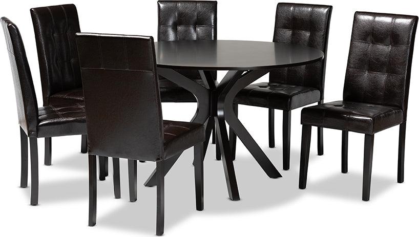 Wholesale Interiors Dining Sets - Marie Dark Brown Faux Leather Upholstered and Dark brown Finished Wood 7-Piece Dining Set