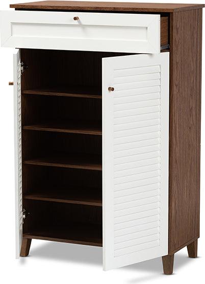 Wholesale Interiors Shoe Storage - Coolidge Contemporary White and Walnut 5-Shelf Wood Shoe Storage Cabinet with Drawer