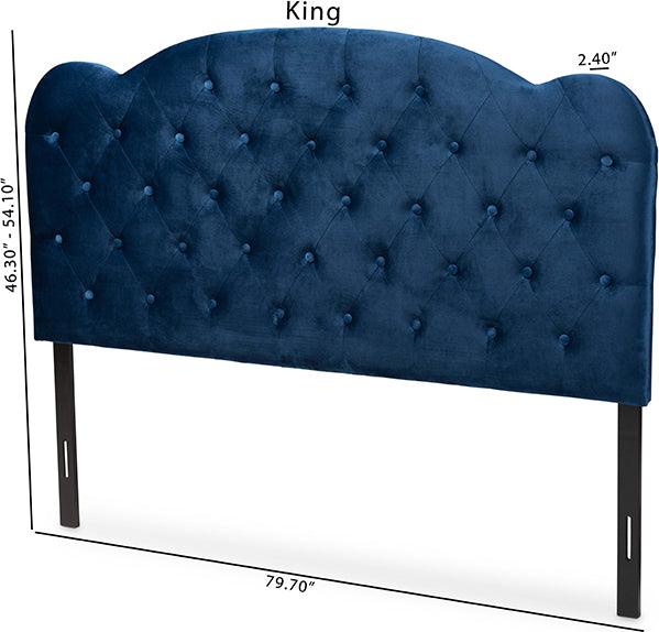 Wholesale Interiors Headboards - Clovis Navy Blue Velvet Fabric Upholstered King Size Headboard