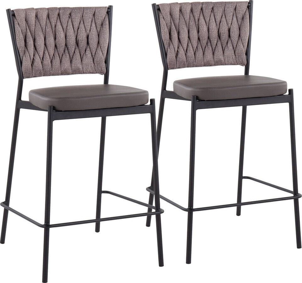 Lumisource Barstools - Braided Tania Counter Stool In Black Metal, Grey Faux Leather, & Light Brown Fabric (Set of 2)