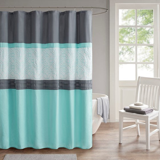 Olliix.com Shower Curtains - Embroidered and Pieced Shower Curtain Aqua/Grey