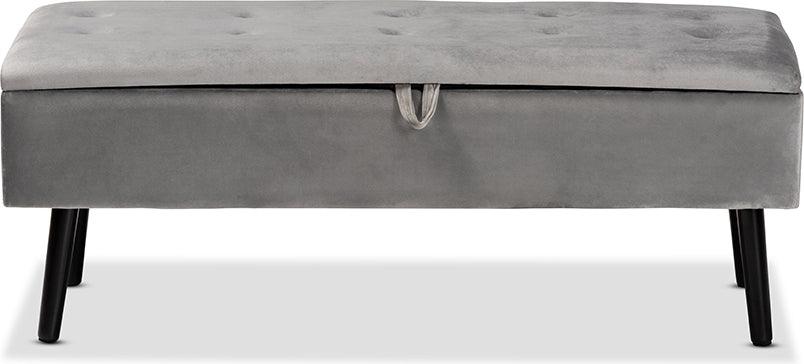 Wholesale Interiors Benches - Caine Modern and Contemporary Grey Velvet and Dark Brown Wood Storage Bench