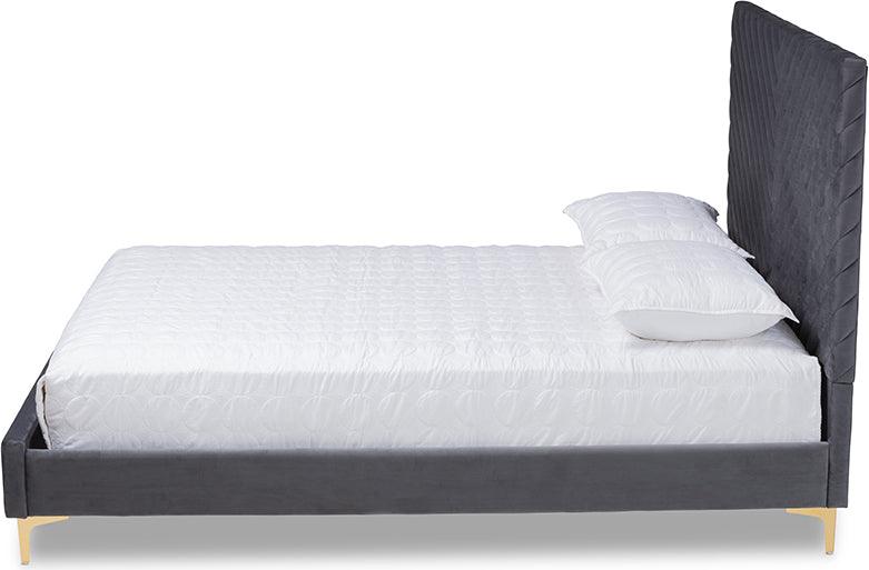 Wholesale Interiors Beds - Fabrico Glam and Luxe Grey Velvet Fabric Upholstered and Gold Metal Queen Size Platform Bed