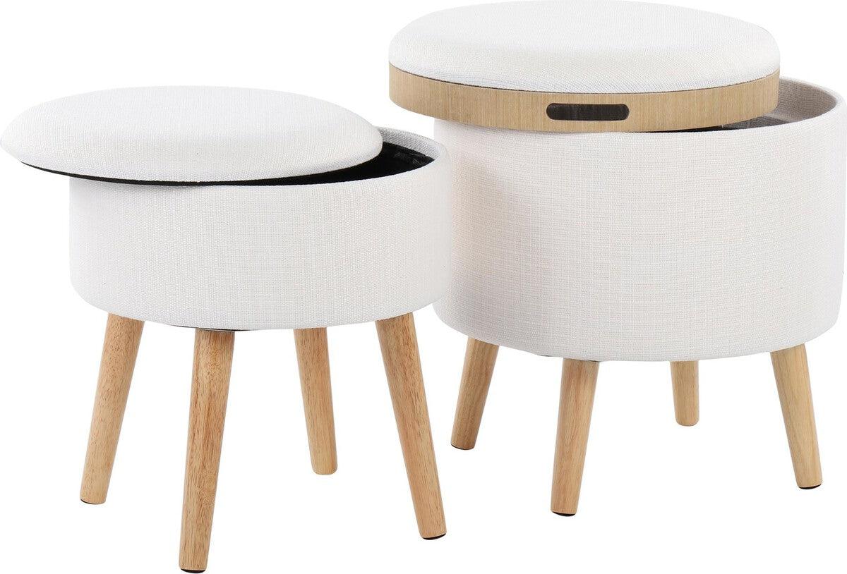 Lumisource Ottomans & Stools - Tray Contemporary Storage Ottoman With Matching Stool In Cream Fabric & Natural Wood Legs