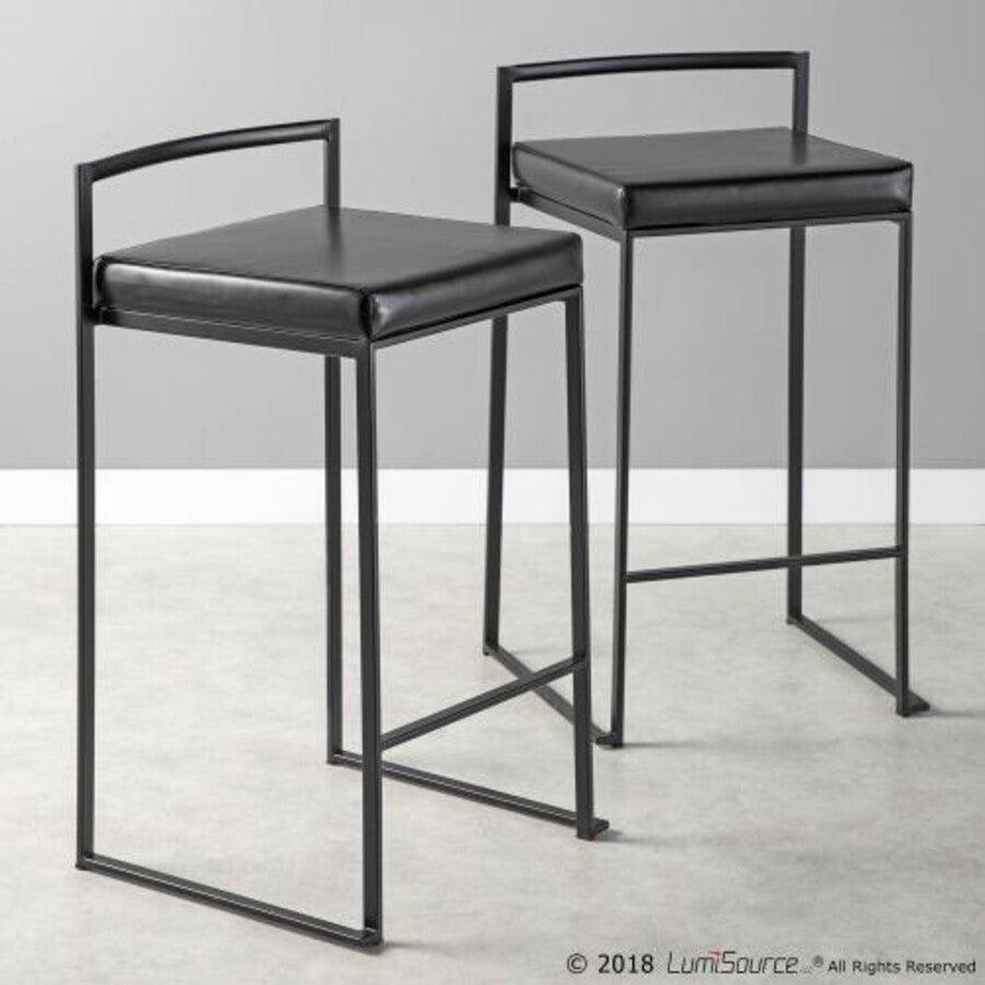 Lumisource Barstools - Fuji Contemporary Stackable Counter Stool in Black with Black Faux Leather Cushion - Set of 2