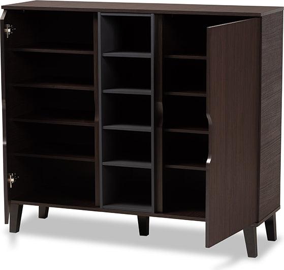 Wholesale Interiors Shoe Storage - Idina Mid-Century Modern Two-Tone Dark Brown and Grey Wood 2-Door Shoe Cabinet