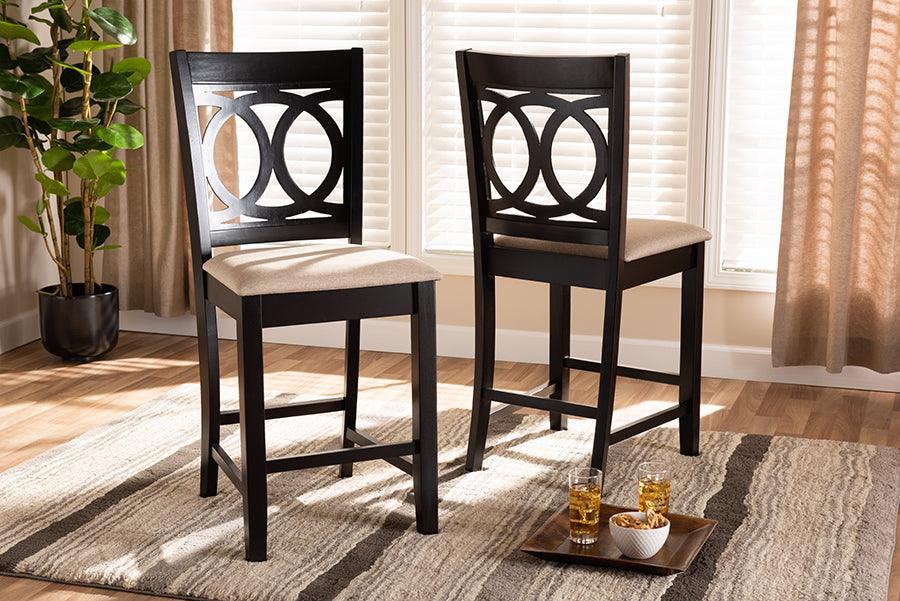 Wholesale Interiors Barstools - Lenoir Contemporary Sand Fabric Brown Wood Counter Height Pub Chair Set of 2