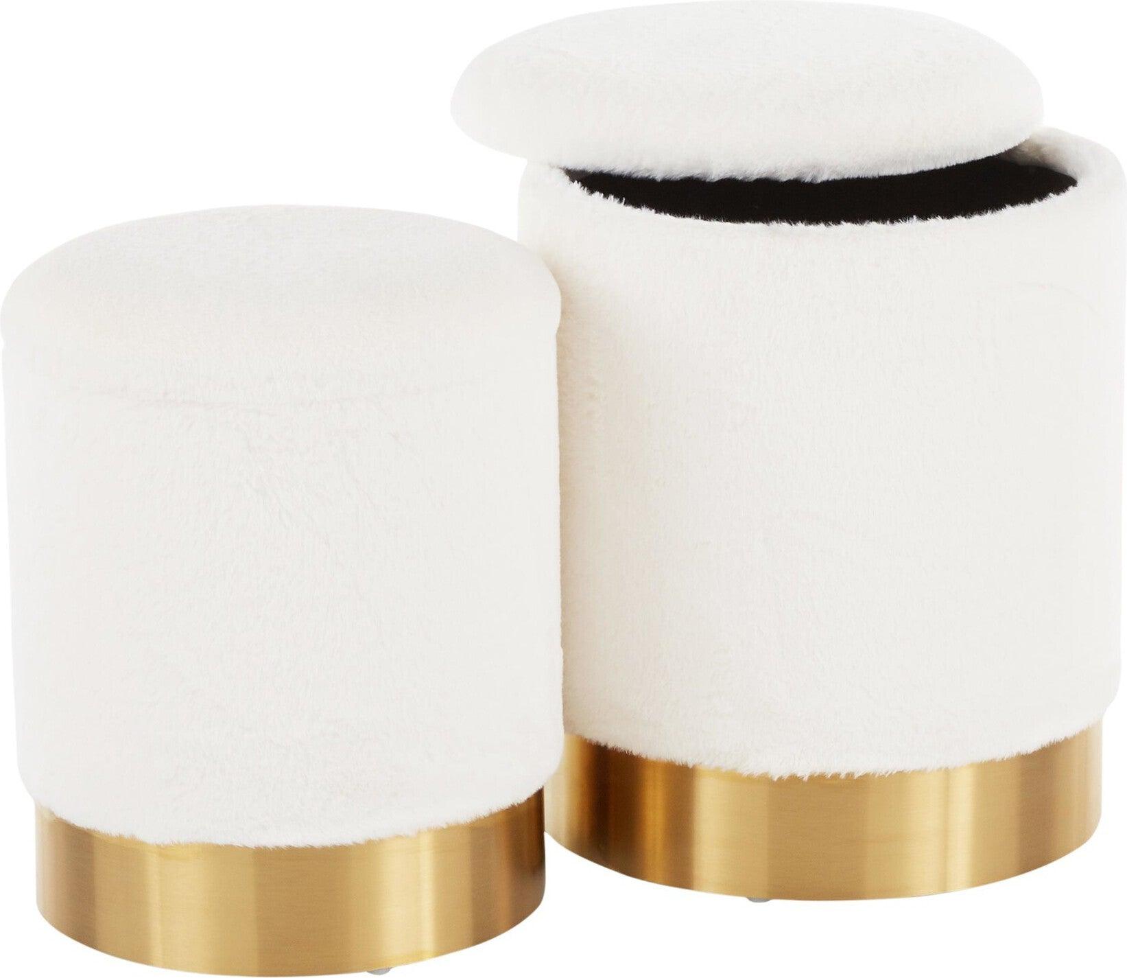 Lumisource Ottomans & Stools - Marla Contemporary Nesting Ottoman Set Gold Metal & Cream Plush Fabric