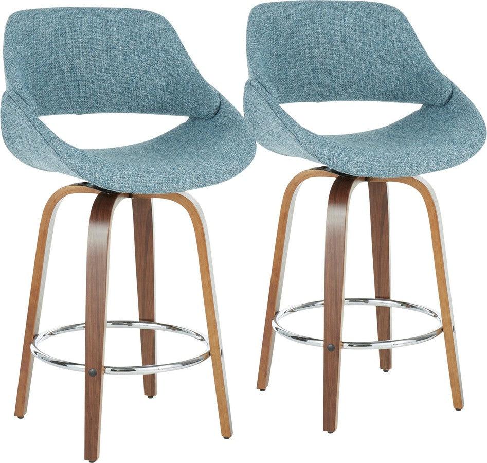 Lumisource Barstools - Fabrico Mid-Century Modern Counter Stool Walnut and Blue Noise Fabric (Set of 2)