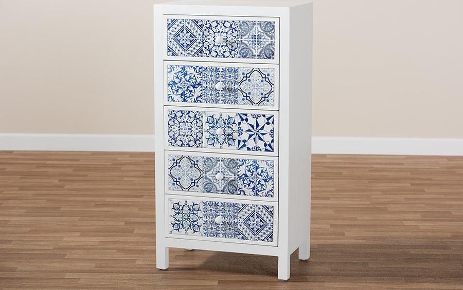 Wholesale Interiors Buffets & Cabinets - Alma Spanish Inspired White Wood and Blue Floral Tile Style 5-Drawer Accent Storage Cabinet