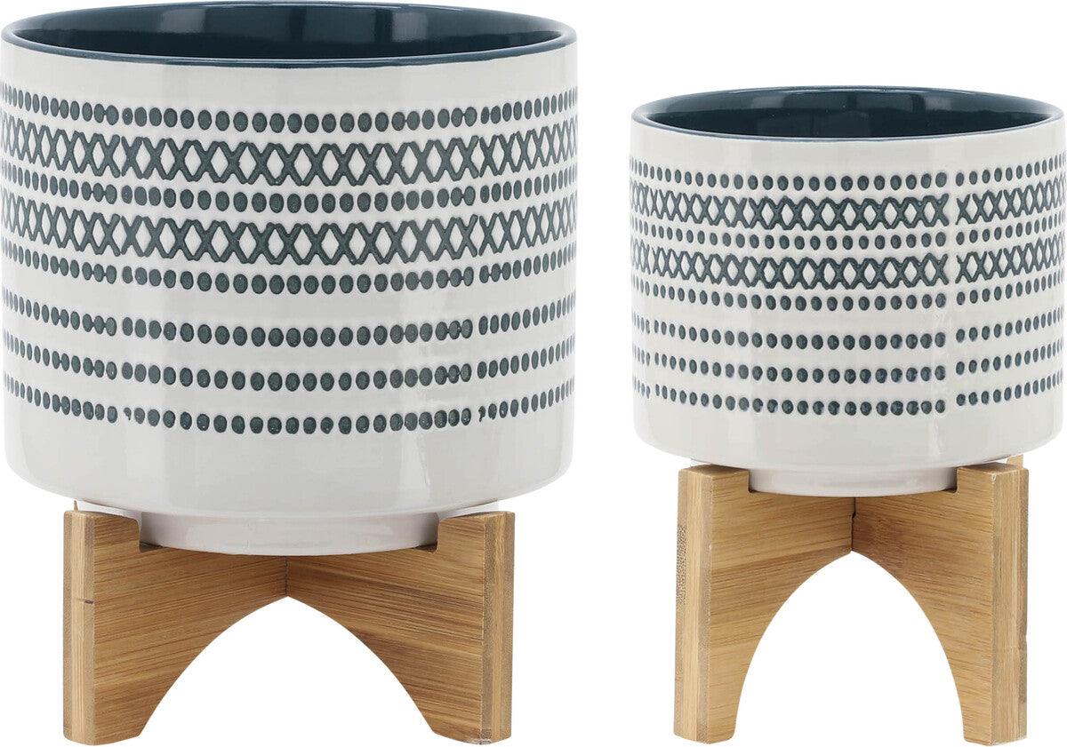 Sagebrook Home Planters - Ceremic Set Of 2 5/8" Planter On Standw/ Dots Blue