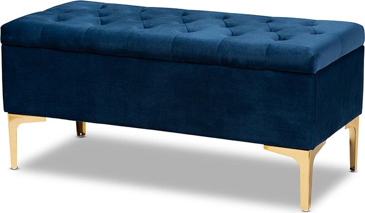 Wholesale Interiors Ottomans & Stools - Valere Navy Blue Velvet Fabric Upholstered Gold Finished Button Tufted Storage Ottoman