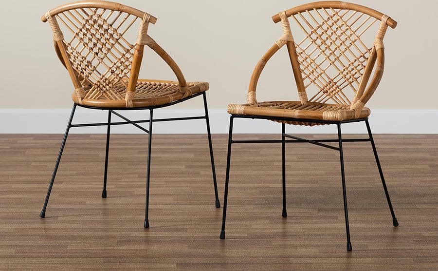 Wholesale Interiors Dining Chairs - Pro Modern Bohemian Natural Brown Rattan and Black Metal 2-Piece Dining Chair Set