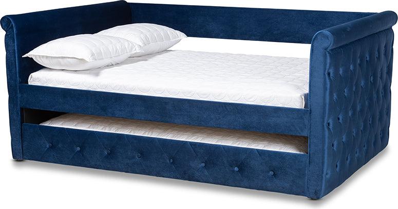 Wholesale Interiors Daybeds - Amaya Modern and Contemporary Blue Velvet Queen Size Daybed with Trundle