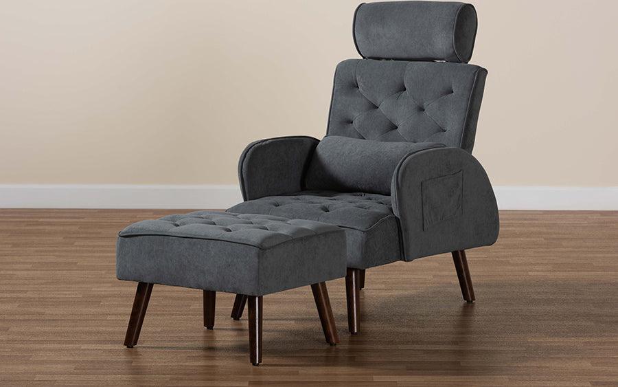 Wholesale Interiors Living Room Sets - Haldis Grey velvet and Walnut Brown Finished Wood 2-Piece Recliner Chair and Ottoman Set