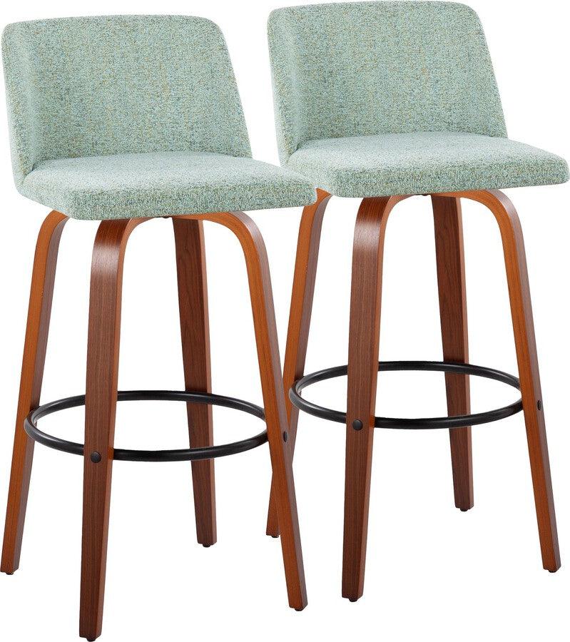 Lumisource Barstools - Toriano 30" Fixed Height Barstool With Swivel In Walnut Wood & Light Green Fabric (Set of 2)