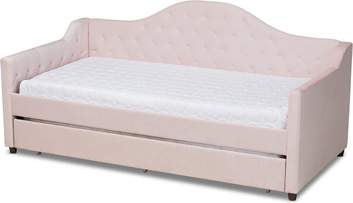 Wholesale Interiors Daybeds - Perry Light Pink Velvet Fabric Upholstered And Button Tufted Twin Size Daybed With Trundle