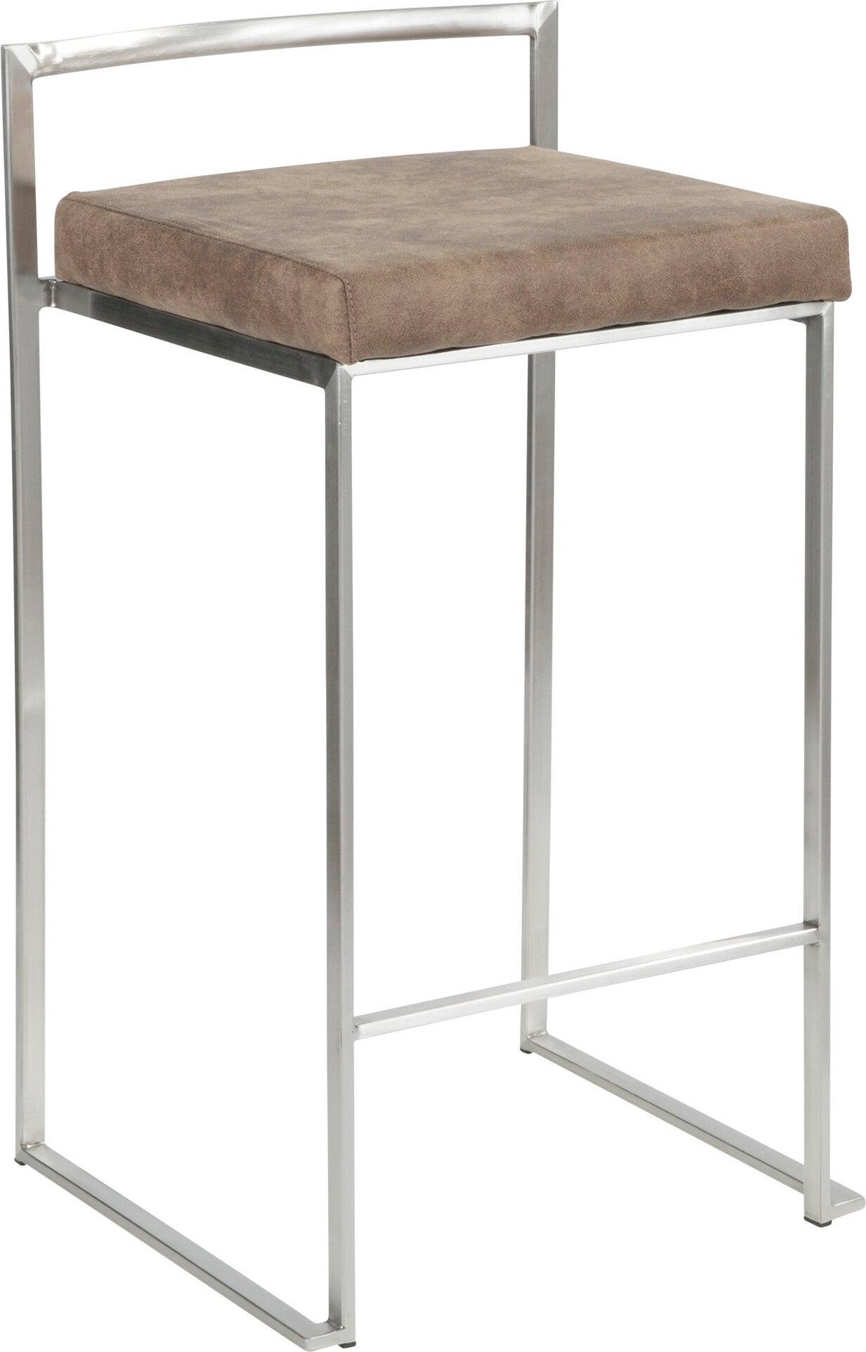 Lumisource Barstools - Fuji Stacker Counter Stool (Set of 2) Stainless Steel & Brown Cowboy