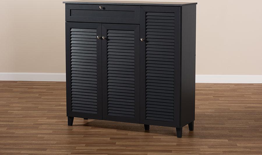 Wholesale Interiors Shoe Storage - Coolidge Contemporary Grey Finished 11-Shelf Wood Shoe Storage Cabinet with Drawer