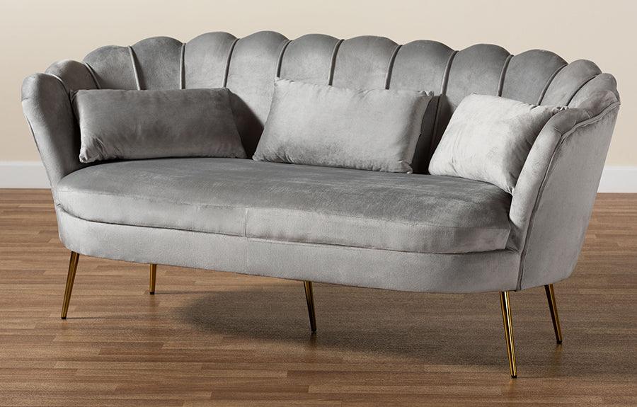 Wholesale Interiors Sofas & Couches - Genia Contemporary Glam and Luxe Grey Velvet Fabric Upholstered and Gold Metal Sofa