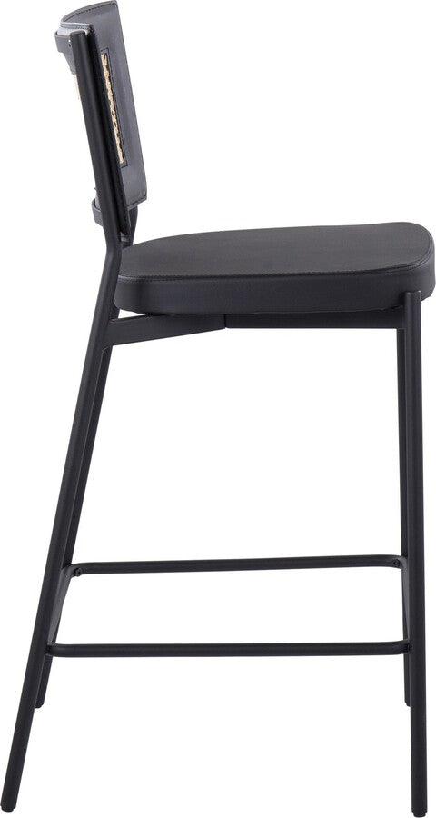 Lumisource Barstools - Rattan Tania Counter Stool In Black Metal, Black Faux Leather, & Rattan Back (Set of 2)