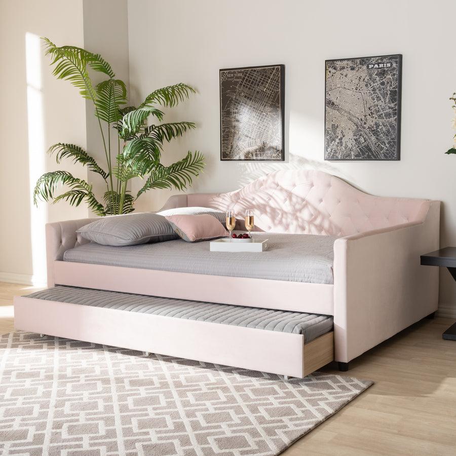 Wholesale Interiors Daybeds - Perry Light Pink Velvet & Button Tufted Queen Size Daybed with Trundle