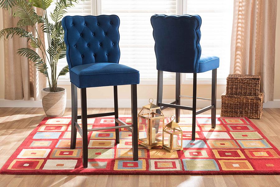 Wholesale Interiors Barstools - Daphne Navy Blue Velvet Fabric Upholstered and Dark Brown Finished Wood 2-Piece Bar Stool Set