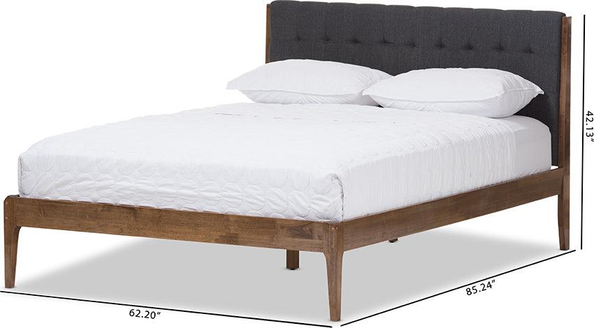 Wholesale Interiors Beds - Clifford Mid-Century Dark Grey Fabric and Medium Brown Finish Wood King Size Platform Bed
