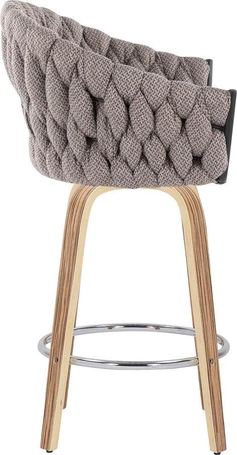 Lumisource Barstools - Braided Matisse Counter Stool With Zebra Wood Legs & Round Chrome Footrest With Grey (Set of 2)