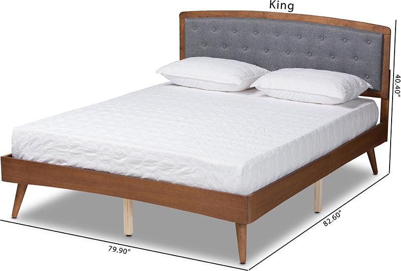 Wholesale Interiors Beds - Ratana Mid-Century Modern Grey Fabric and Brown Wood King Size Platform Bed