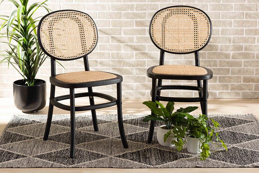 Wholesale Interiors Dining Chairs - Garold Mid-Century Modern Brown Rattan and Black Wood 2-Piece Cane Dining Chair Set