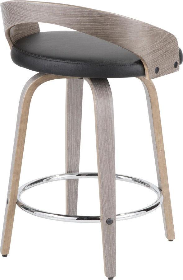 Lumisource Barstools - Grotto Mid-Century Modern Counter Stool with Light Grey Wood and Black Faux Leather - Set of 2