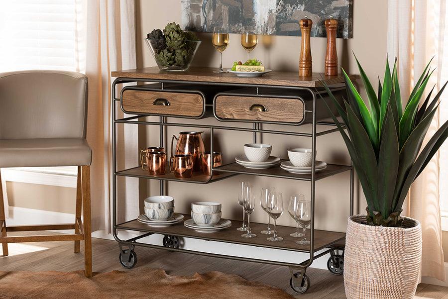 Wholesale Interiors Kitchen & Bar Carts - Grant Vintage Rustic Industrial Oak Brown Wood and Black Metal 2-Drawer Kitchen Cart