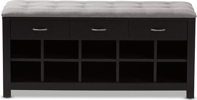 Wholesale Interiors Shoe Storage - Contemporary Espresso Finished Grey Fabric Upholstered Cushioned Entryway Bench