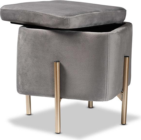 Wholesale Interiors Ottomans & Stools - Aleron Contemporary Glam and Luxe Grey Velvet and Gold Metal Storage Ottoman