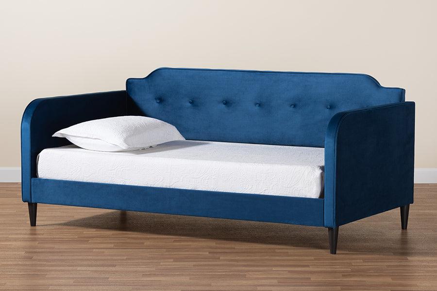 Wholesale Interiors Daybeds - Kaya Modern and Contemporary Navy Blue Velvet Fabric and Dark Brown Finished Wood Twin Size Daybed